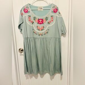 Floral Embroidered Dress in Green and Pink